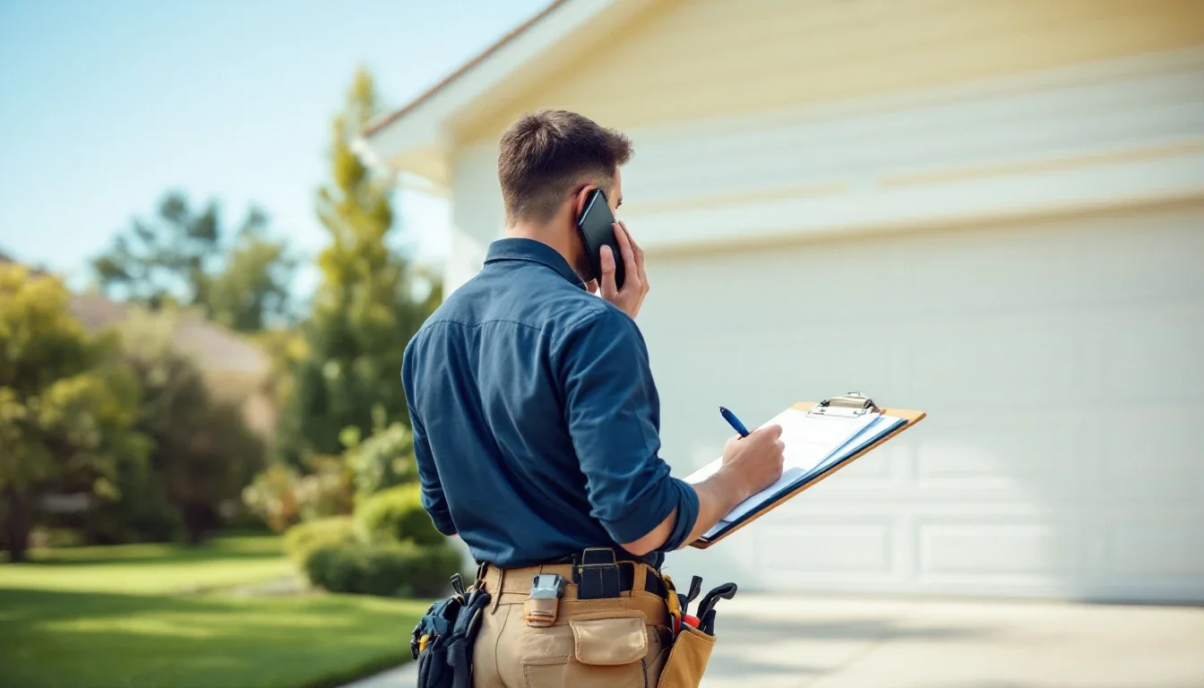 Un artisan au téléphone dans une entrée de garage à l’heure bleue, notant un rendez-vous sur une planchette à pince