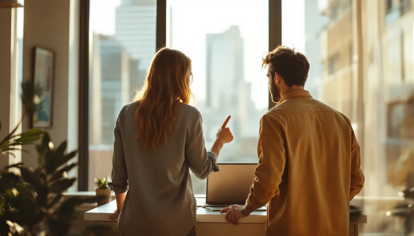 Deux collègues à un bureau dans un espace lumineux, pointant un écran d’ordinateur portable, la ville en arrière-plan