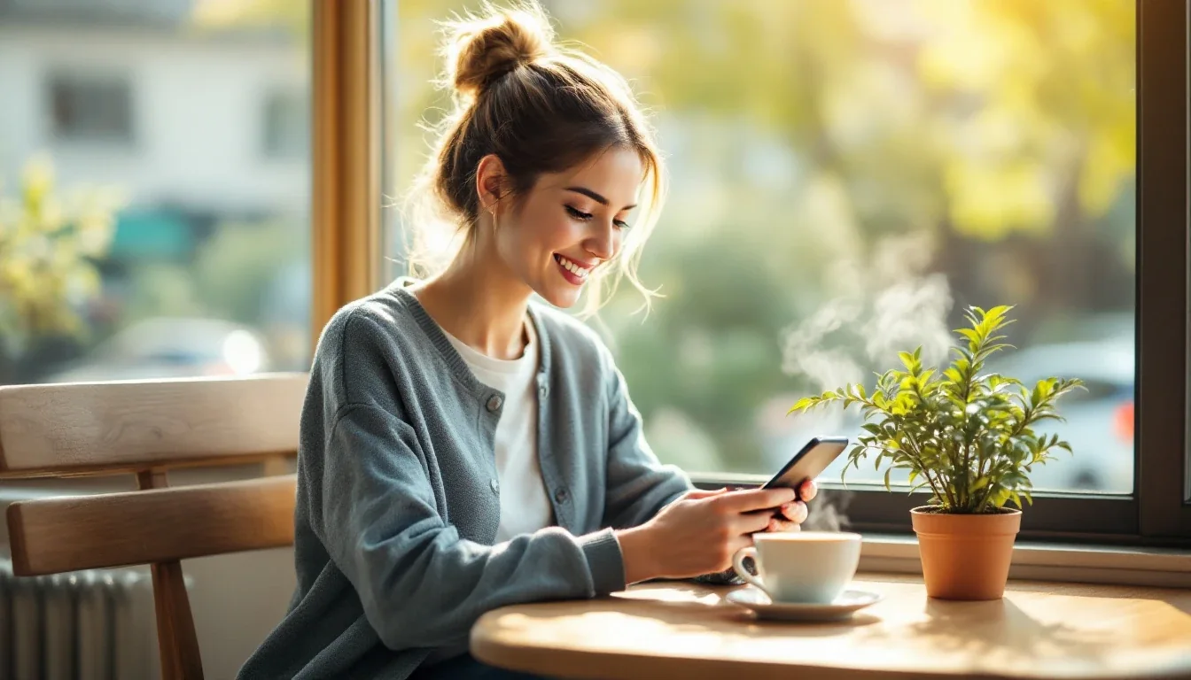 Une propriétaire d’entreprise à une table de café, la nuit, en train de faire défiler son téléphone