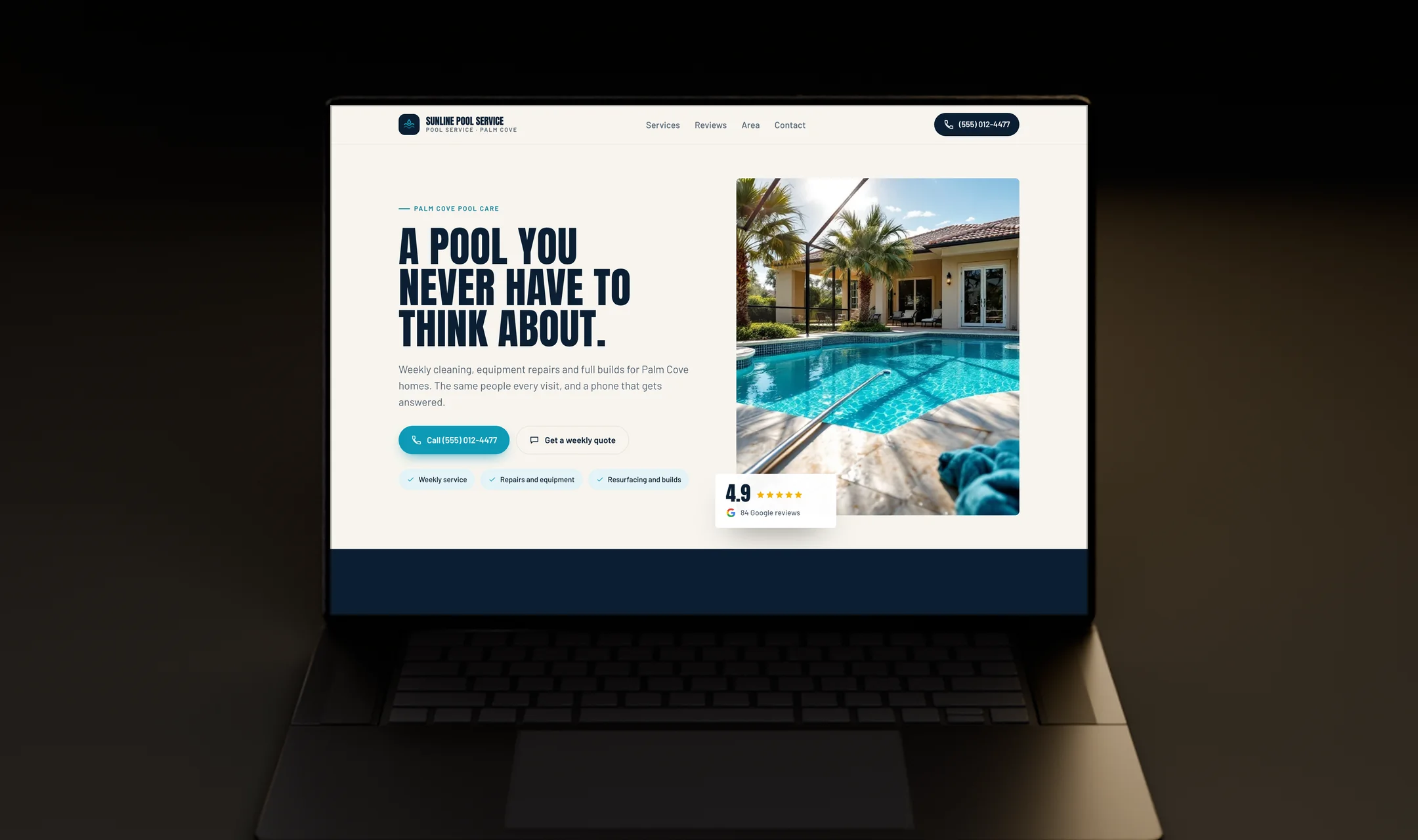 A laptop showing a website built for a fictional pool company: the business name, its Google rating and reviews, its services and a call button.