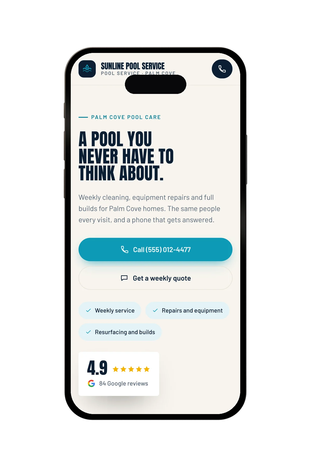 The same fictional pool company's website on a phone.